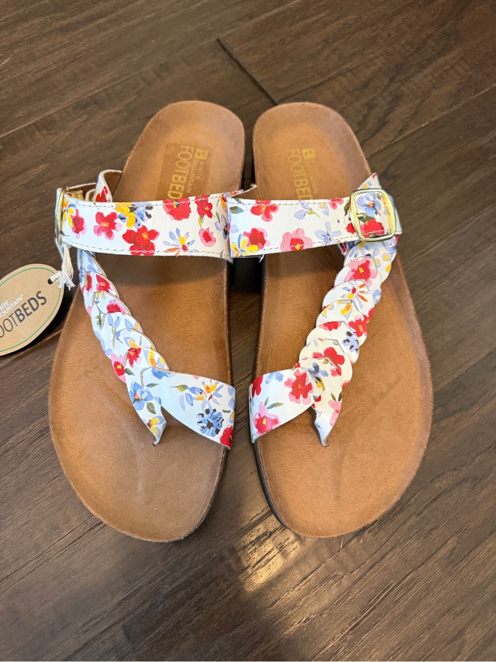 White Mountain Floral Braided Toe-Post Sandal in White with Red & Blue Flowers
